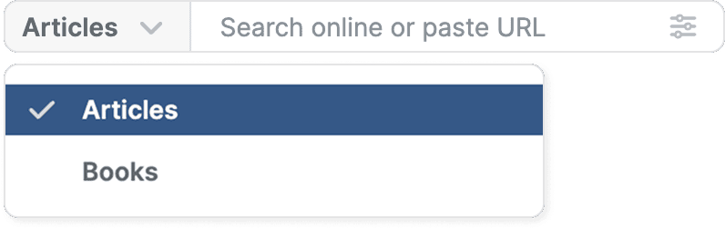The online search box with its left-hand dropdown open on Articles (ticked) and Books.